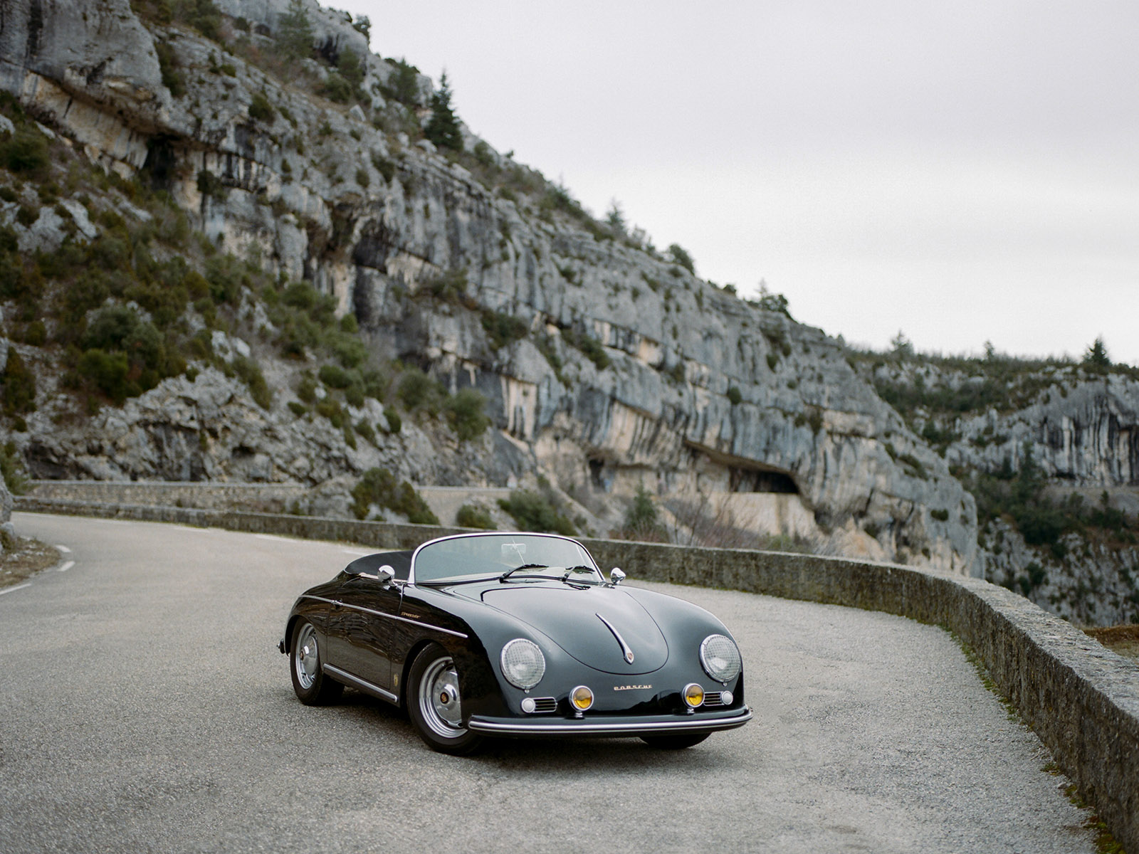 A front view of the Provence Classics Porsche 356 in the countryside of Provence, France.